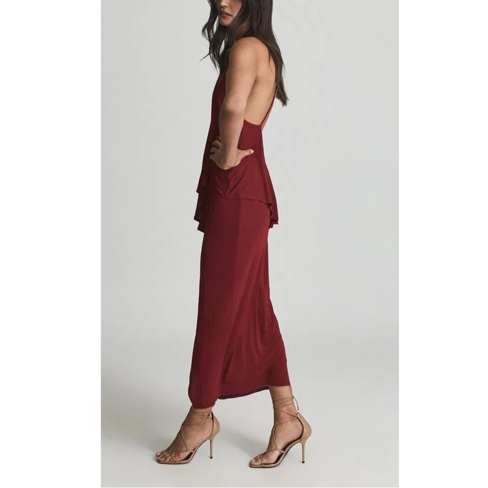 NEW REISS Xena Strappy Open Back Cocktail Midi Dress Dark Red - Picture 2 of 6